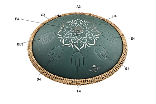 MEINL Sonic Energy OSTD3DGE Steel Tongue Drum ottava da 16", Fa maggiore, 9 toni, 432 Hz, Verde scuro,