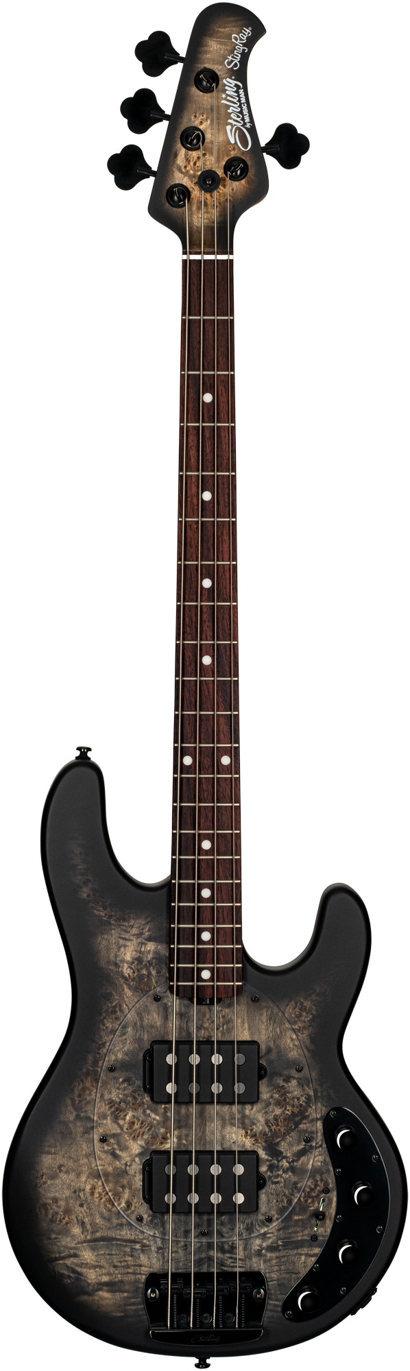 STERLING BY MUSIC MAN STINGRAY RAY34HH POPLAR BURL TRANS BLACK SATIN